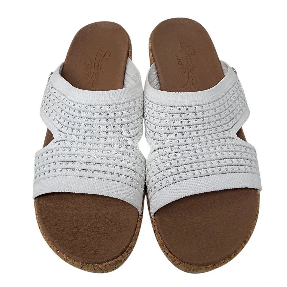 Skechers Arch Fit Sandals Slip On Sz 9 Beverlee Sweet Lacey Wedges White Comfort